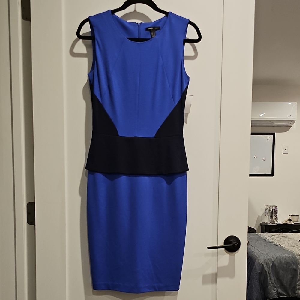 Elegant Blue and Black Sleeveless Office Dress